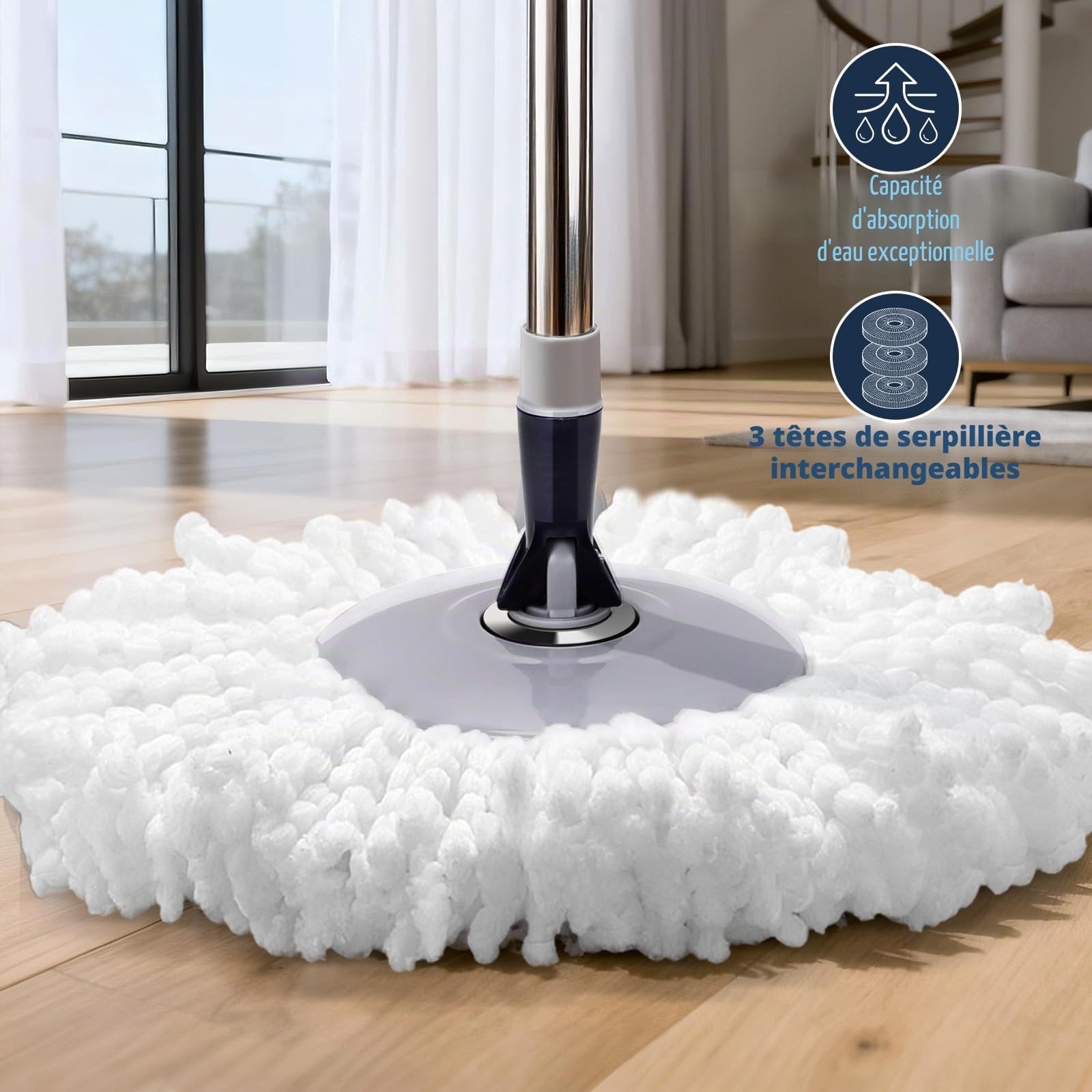 Masthome Serpillière Seau Essoreur, Balai à Frange et Seau à Pédale, Balai Serpillère Rotatif Envoyer 3 Tampons,Serpillère en Microfibre pour Nettoyage sols, Gris