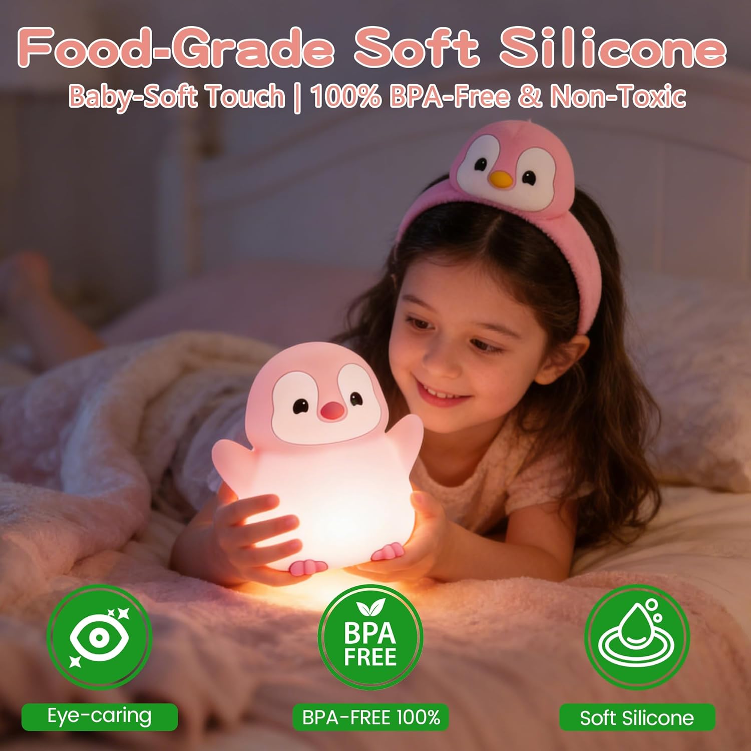 Penguin Night Light for Kids,Cute Pink Penguin Lamp,Soft Silicone Nursery Nightlight,LED Squishy Novelty Animal Bedside Lamp,Rechargeable/Dimmable/Timer,Room Deco,Christmas Gifts for Mom Girls Baby - Image 4