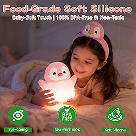 Pink Penguin Night Light,Soft Silicone Nursery Nightlight for Baby,LED Squishy Novelty Animal Bedside Lamp,Rechargeable/Dimmable/Timer,Room Decor, Cute Xmas Gifts for Kids/Girls/ Mom/ Grandma/ Teens