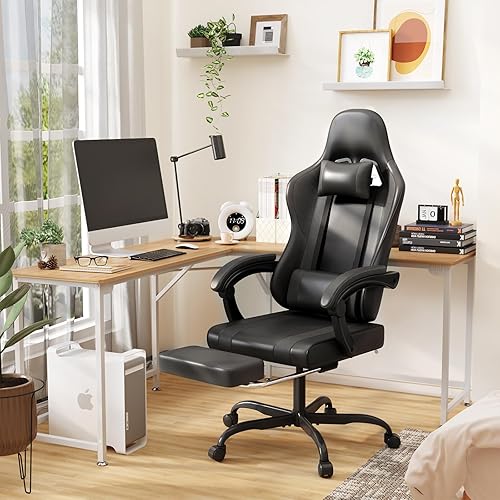Miniatura 2 de Silla de juegos con reposapiés y soporte lumbar de masaje, silla de juego de altura ajustable, silla de videojuegos para sala de juegos, sala de