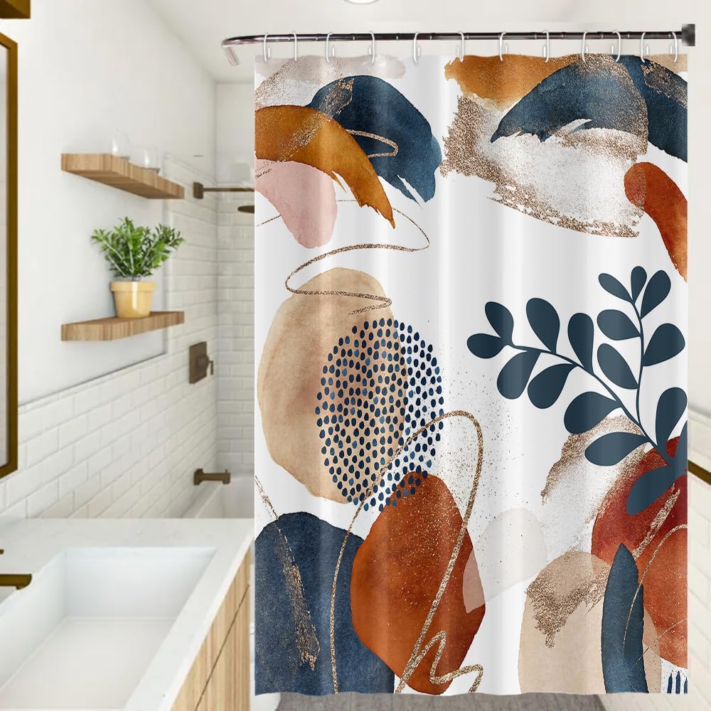 Abstract Boho Style Shower Curtains Navy Blue Gold Modern Bath Curtain Geometric Leaves Plant Mid Century Minimalist Bathroom Curtain Decor Set with Hooks, 72x96 Inch