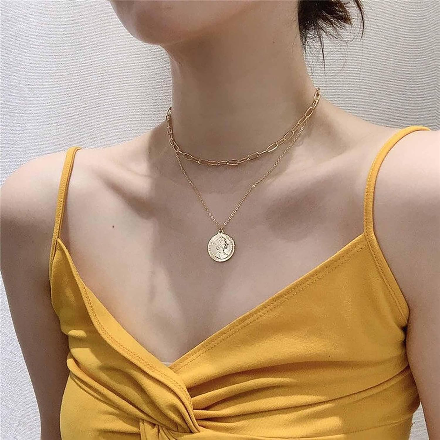 Boho Layered Disc Pendent Necklace Gold Disc Coin Choker Necklace Medal Coin Necklace Medallion Coin Necklace Chain Short Paperclip Chain Necklace Jewelry for Women - Image 2