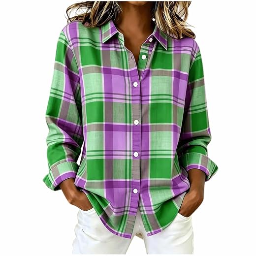 Colorful Plaid Shirts for Women Classic Lightweight Flannel Shacket
