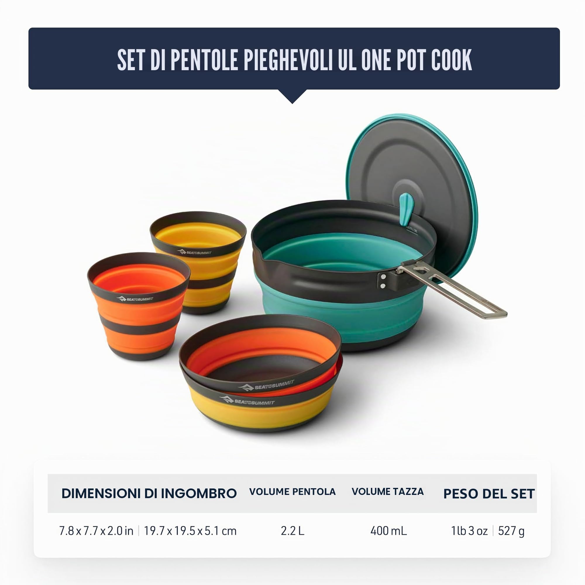 Sea to Summit Kit da cucina pieghevole ultraleggero per 2 persone (1 pentola, 2 ciotole, 2 tazze) in silicone per uso alimentare, alluminio anodizzato duro
