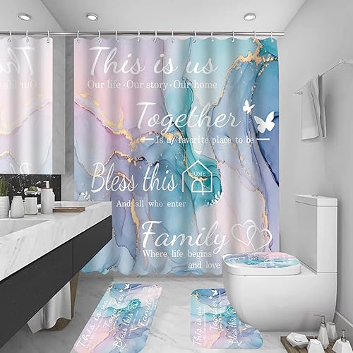 Vista 12 de juwute Juego de 4 piezas de cortinas de ducha familiares con alfombras antideslizantes, cubierta para tapa de inodoro y tapete de baño, juego de Gris