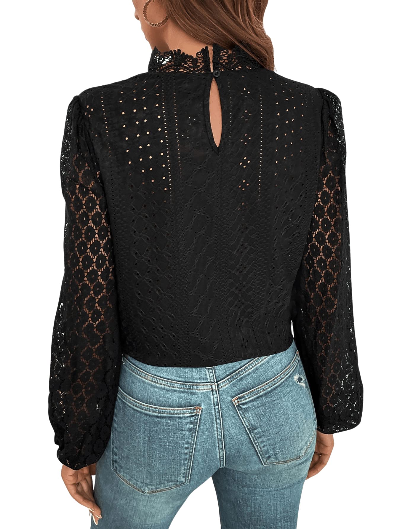 GORGLITTER Blusa elegante para mujer, cuello alto, manga larga, encaje, túnica, blusa con mangas de farol