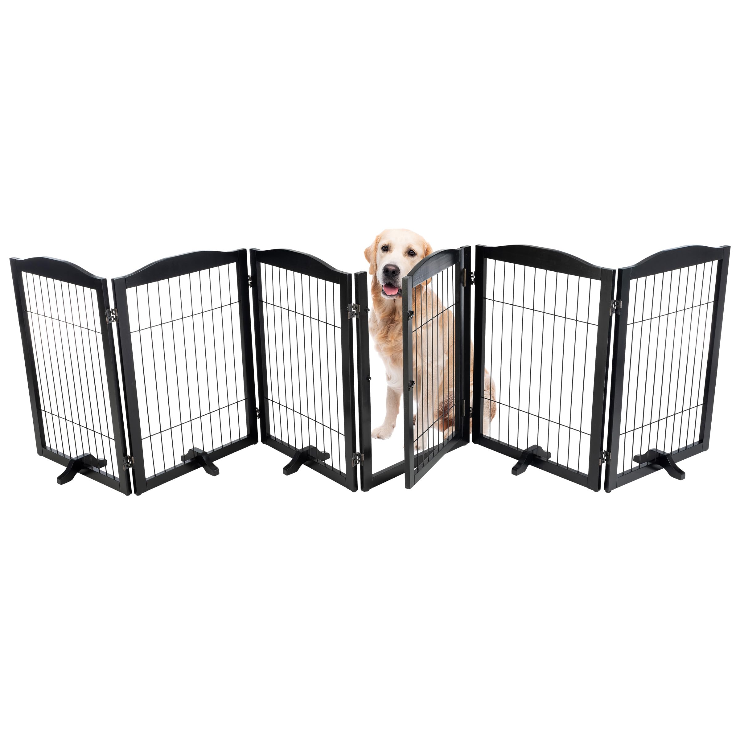 Pet Gate - 6-Panel Indoor Folding Dog Fence for Stairs or Doorways - 133x32-Inch Freestanding Play Pen with Support Feet by PETMAKER (Black)