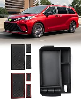 FIILINES Center Console Organizer Compatible with Toyota Sienna 2023 2022 2021 Armrest Storage Box ABS Center Console Tray Sienna Accessories with Black Mats and Red Mats