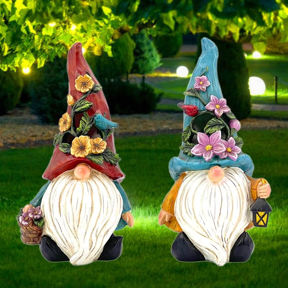 Galt International Garden Gnome Statue Couple w/Lantern & Flower Basket LED Solar Cutouts Novelty Decorations Figurines Garden Sculpture (Set of 2)