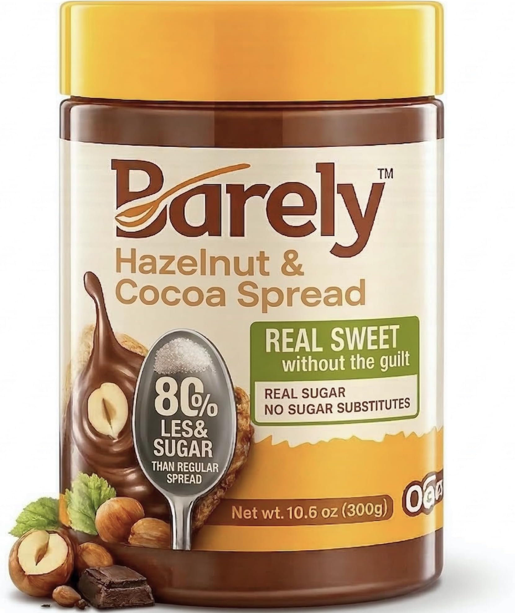 Hazelnut & Cocoa Spread by Barely, Low Sugar & No Artificial Sweeteners, Vegan, Keto Friendly, Delicious Chocolate Spread & Dessert Dip โ High in Fiber with just 3.2 g Cane Sugar per Serving (1-Pack)