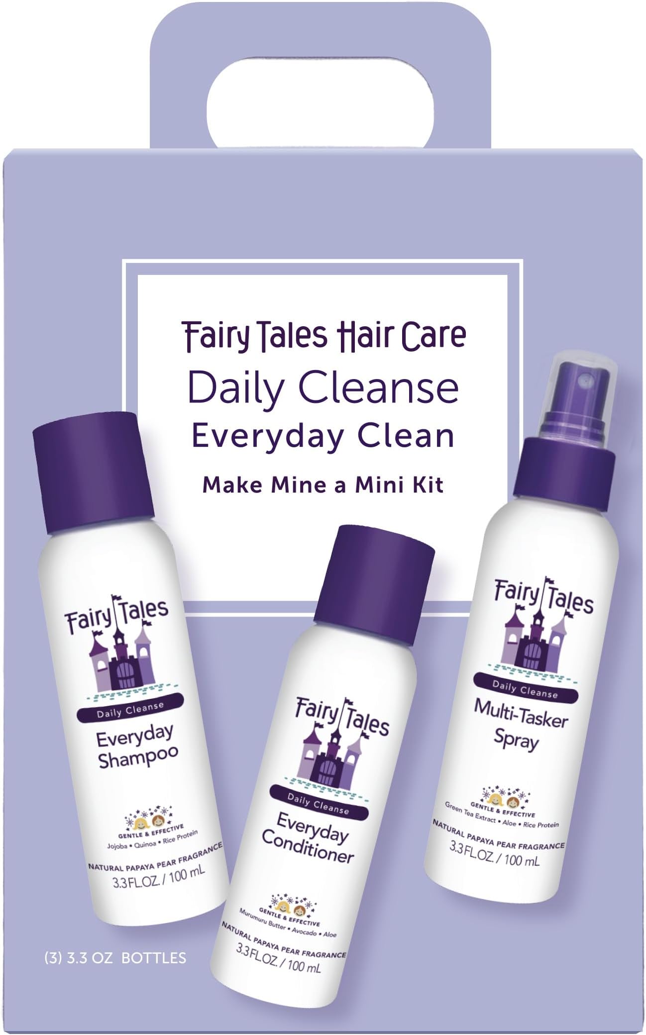 Daily Cleanse Everyday Kids Shampoo, Conditioner, and Spray - Travel Kit - Tangle Free, Moisturizing and Hydrating Formulas, Clean and Natural Ingredients - Paraben Free - 3.3 oz. (3 Pack)