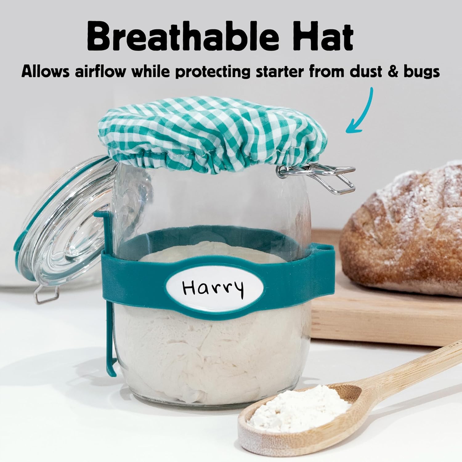 Kikkerland Sourdough Starter Kit – DIY Bread Baking Supplies with Glass Jar, Wooden Spoon, & Breathable Hat – Homesteading & Homemaking Essentials