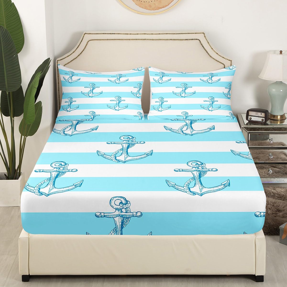 Anchors - Juego de sábanas bajeras de 3 piezas con diseño de ancla náutica y 2 fundas de almohada, 3 piezas, para decoración de habitación de niños y niñas, de poliéster suave