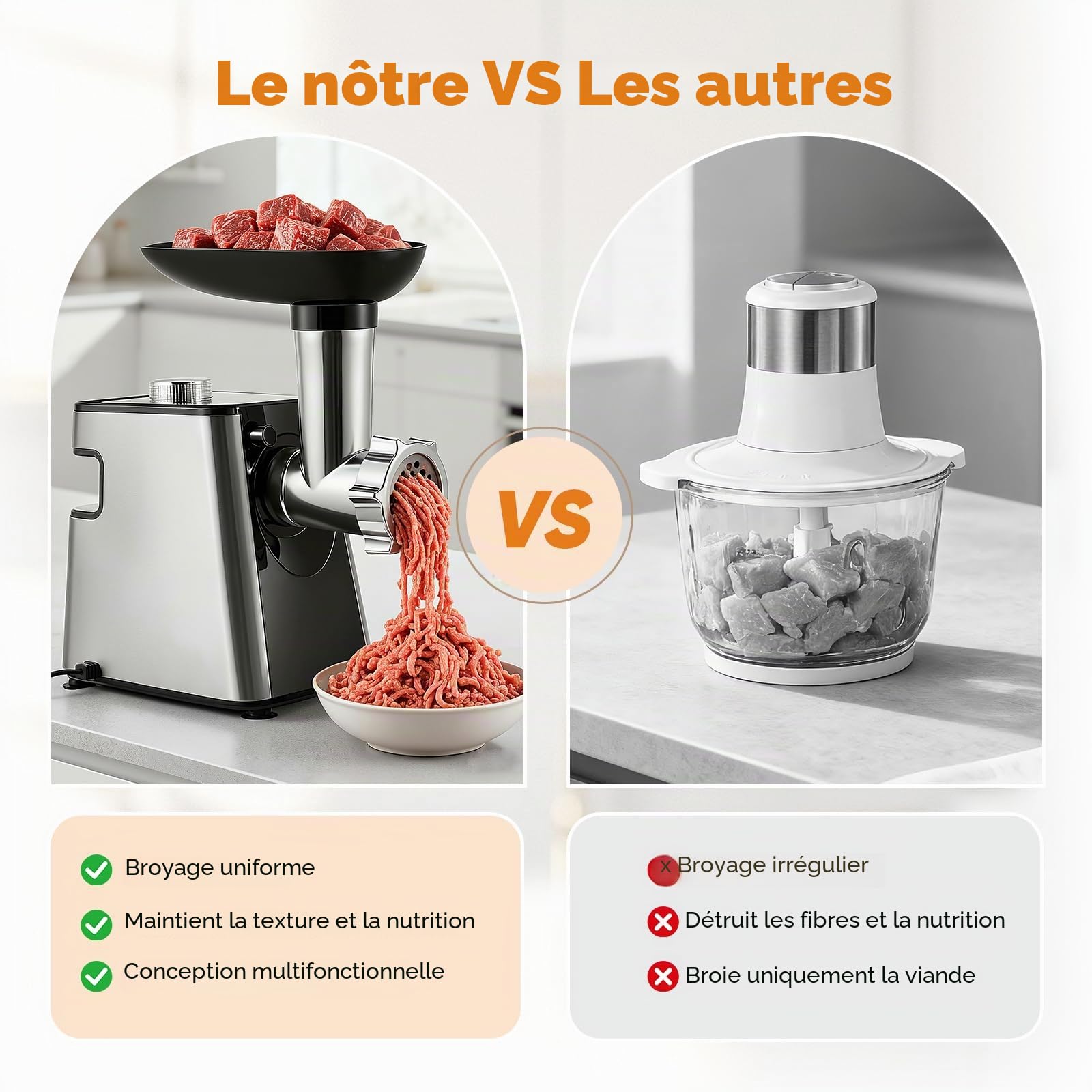 Hachoir à viande électrique 2800W, robot culinaire avec accessoires légumes et râpe fromage, 5-en-1 hachoir avec accessoire saucisses et set boulettes viande pour viande légumes fromage