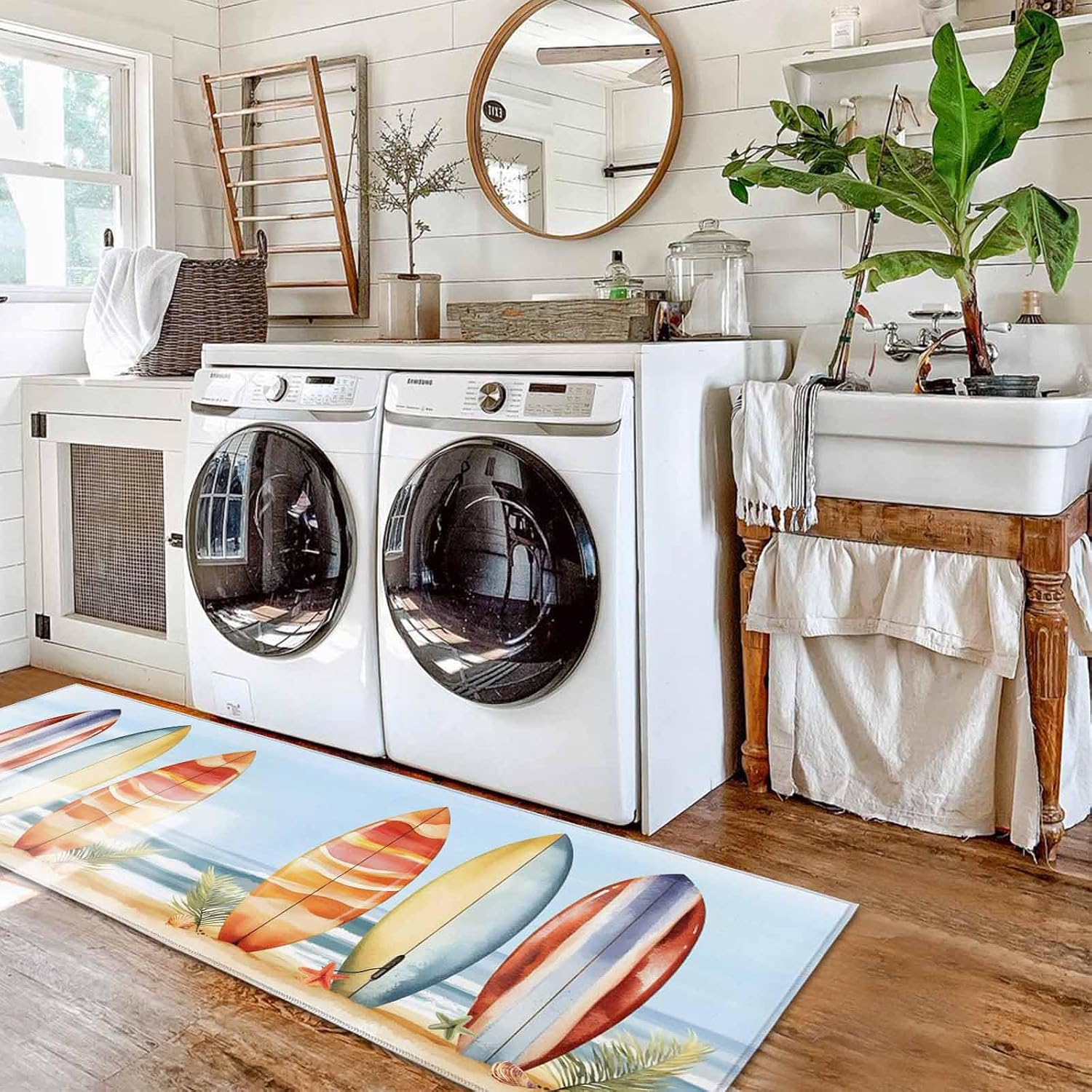 Kitchen Rugs and Mats Set of 2,Summer Watercolor Striped Surfboard Slip-Proof Floor Mat Cushioned Doormat Ocean Beach Starfish Shell Area Runner Rug for Kitchen,Bathroom,Living Room,Entryway Decor