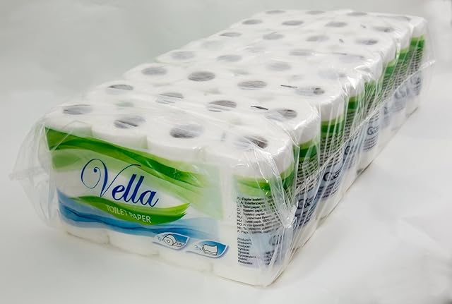 64 rolki papieru toaletowego Vella 3-warstwowego, biała celulozowa, 150 arkuszy na rolkę
