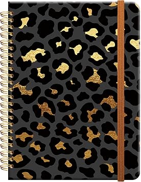 Ruled Spiral Writing Notebook,A5 Hardcover Lined College Journal for Women Lady Girl,Cool Strong Twin-Wire Binding with Premium Paper,8.4" X 6",Perfect for School,Office,Home GiftsBlack Gold Leopard