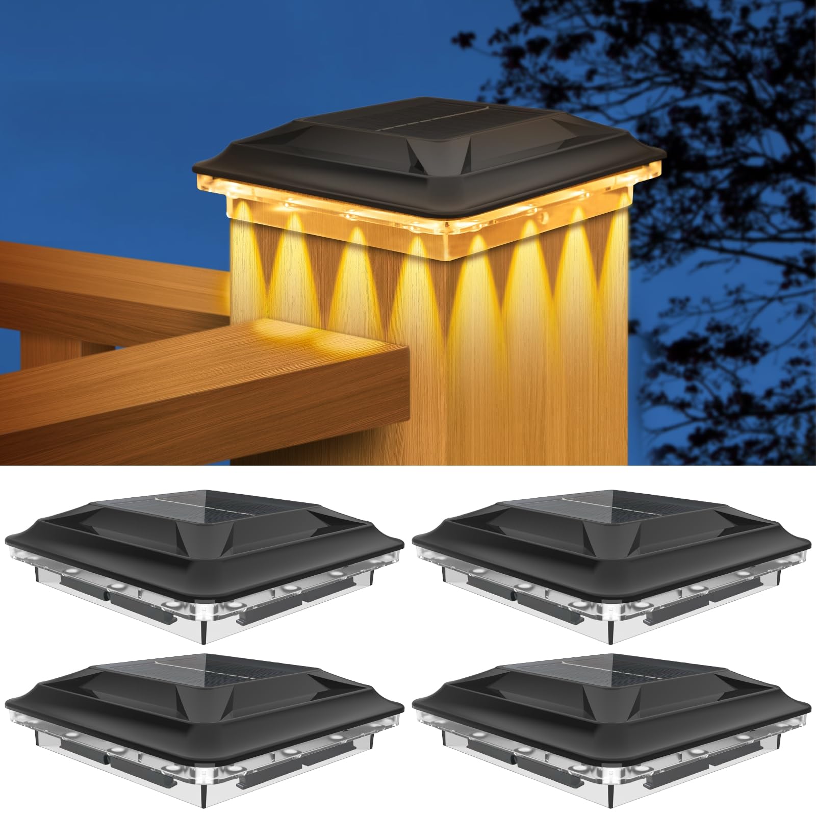 Solar Post Cap Lights Outdoor 4 Pack Upgraded 16LED Spot Lens Waterproof Post Light 3 Modes Warm & Cool & Neutral White Solar Lamp Fit for 4x4 3.5x3.5 inch Vinyl and Wooden Posts Garden Fence Deck