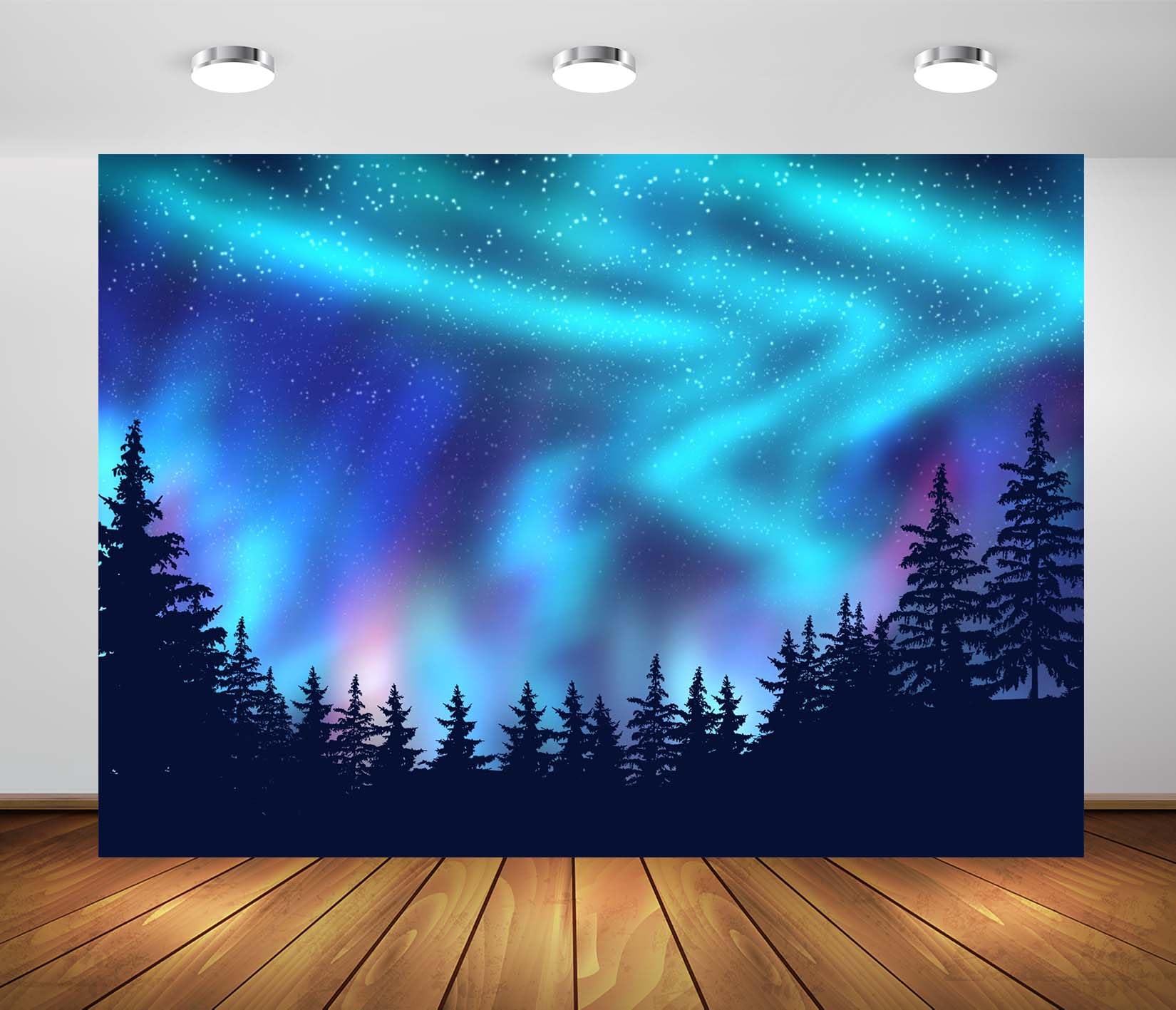 Stoff 4,6x3m (15x10FT) Nordlichter Kiefernwald Fotohintergrund Grün Blaue Aurora Nachthimmel Kulisse für Winterfeier Porträt Familie Erwachsene