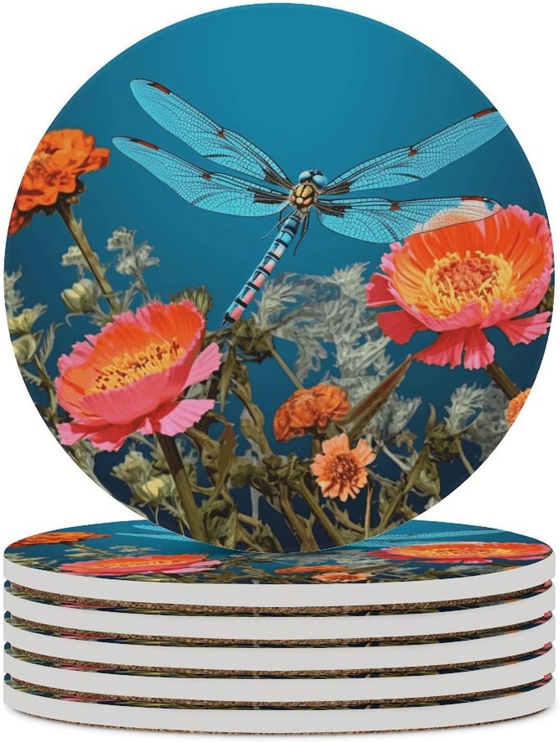 Dragonfly and Flower Coasters for Drinks Absorbing Round Ceramic Stone Coaster with Cork Base Coffee Cup Beverage Table Cup Mat Modern Style Bar Coaster Set for Home Decor