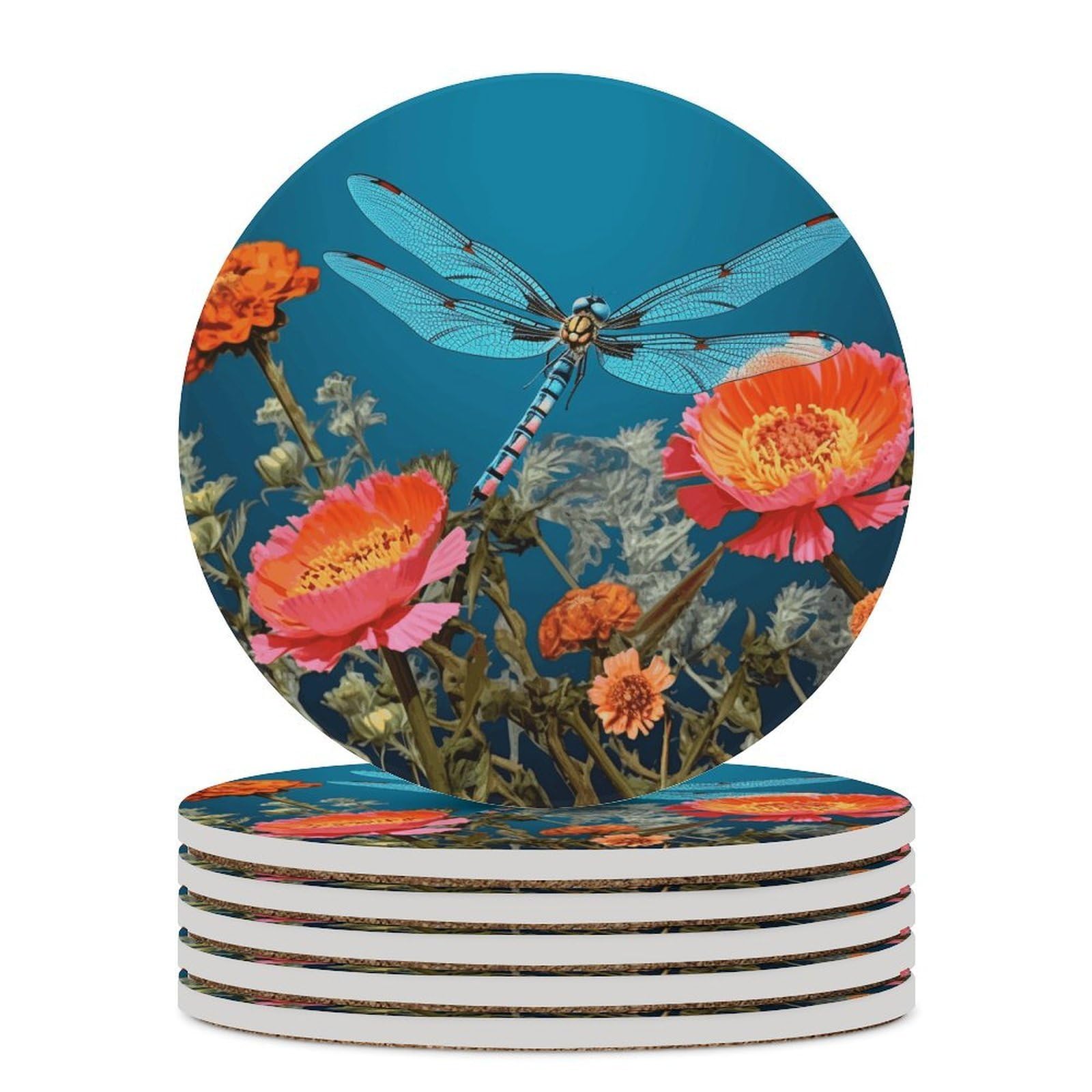 Dragonfly and Flower Coasters for Drinks Absorbing Round Ceramic Stone Coaster with Cork Base Coffee Cup Beverage Table Cup Mat Modern Style Bar Coaster Set for Home Decor