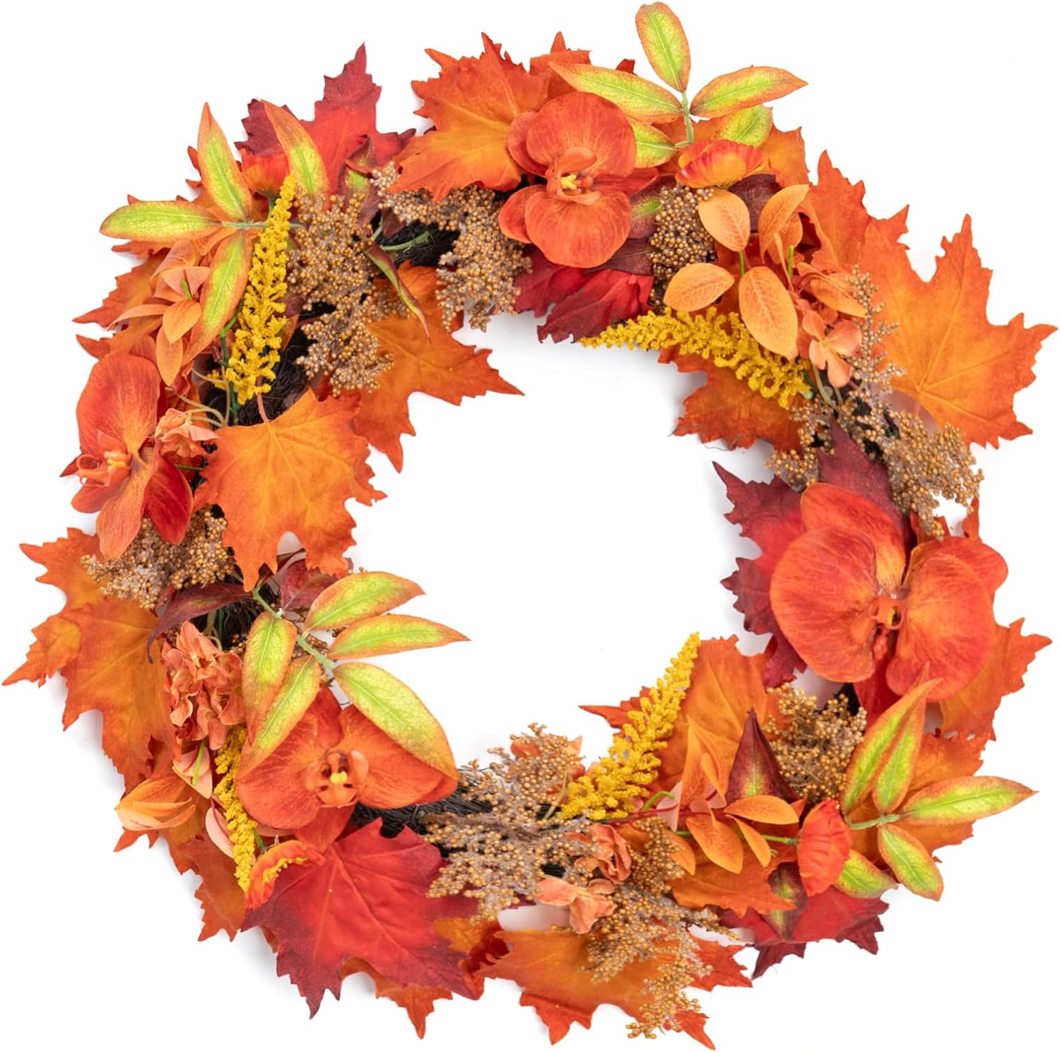 WELL KNOWN Artificial Silk Flowers Wreath for Front Door, 22" Orange Orchids Wreath, Wall Hanging Decor for Home Birthday Wedding Party Spring & Summer Farmhouse Porch Decor & Gift (Orange Orchid)