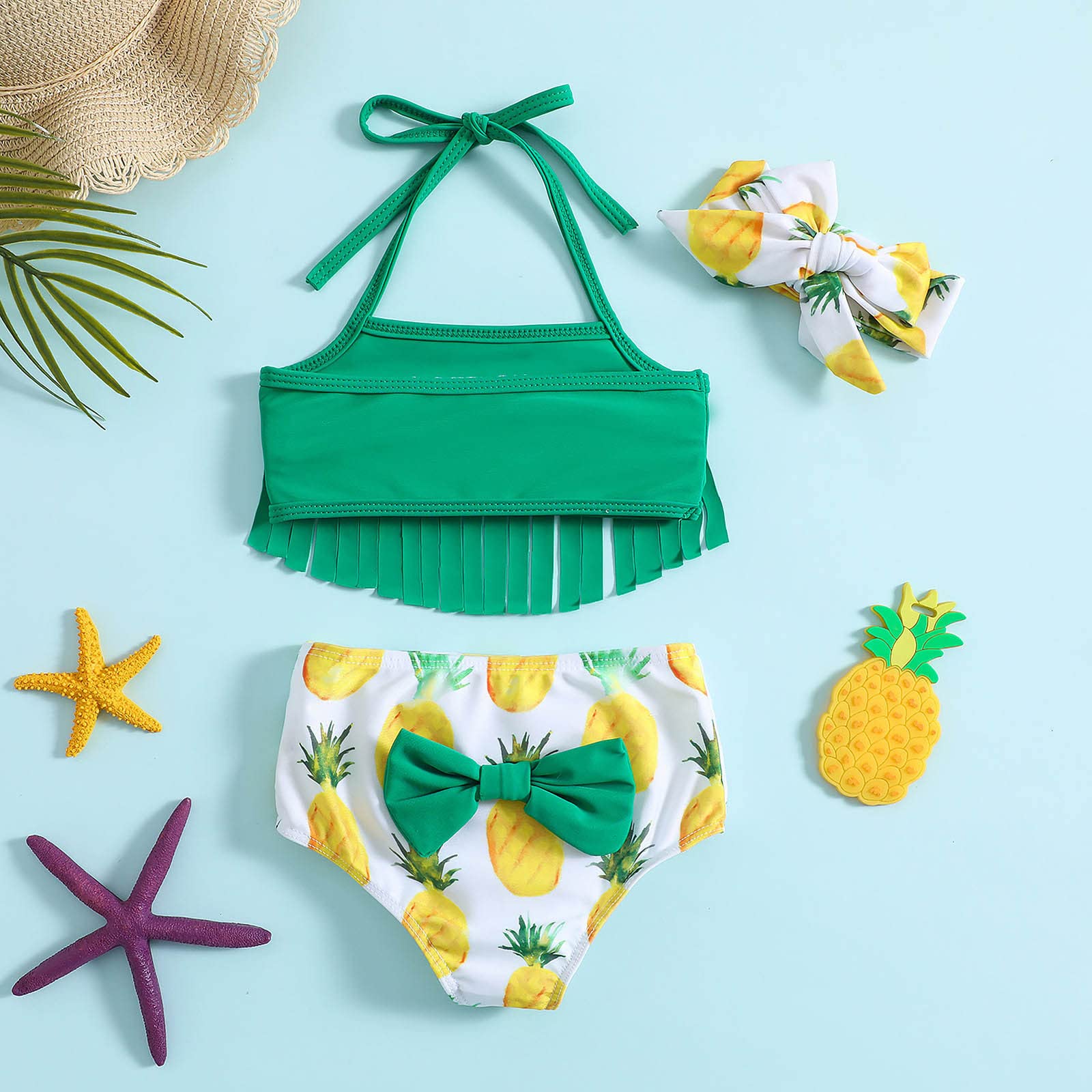 Generisch Tankini Niñas Verano Niño Niña Bowknot Piña Estampados Borla Traje de Baño de Tres Piezas Bikini Diadema Set