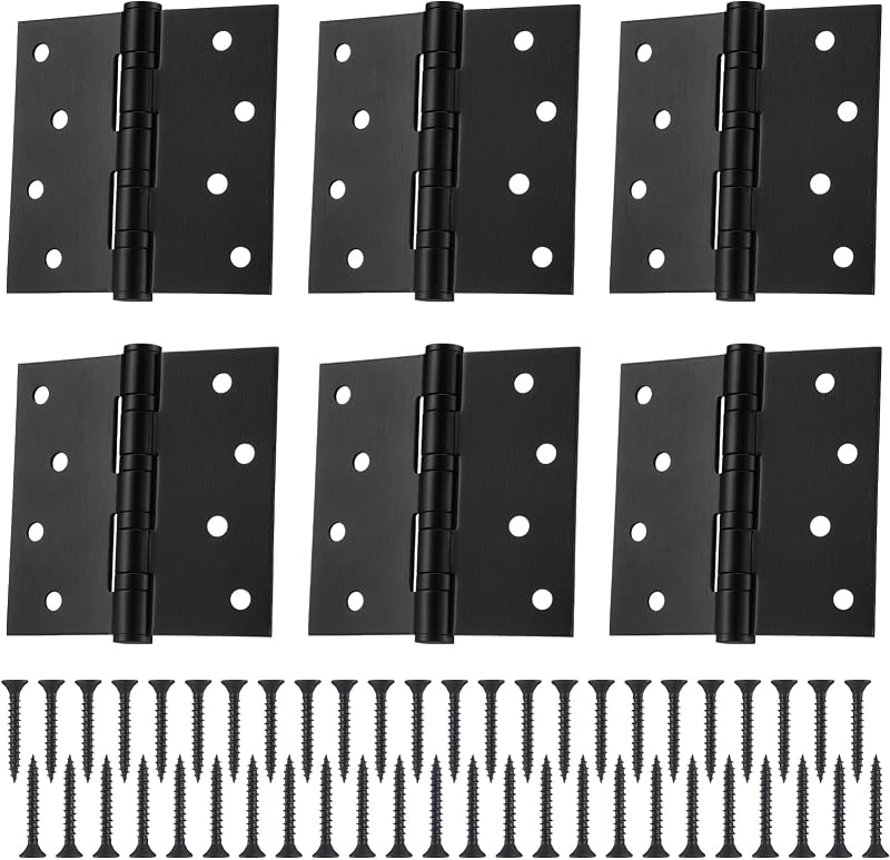 6 Pcs Black 4'' Ball Bearing Door Hinges, Square Corner | Stainless Steel, Heavy Duty Hinges, 4 x 4 Inch Exterior Door Hinge, with Square Corners, Smooth and Quiet