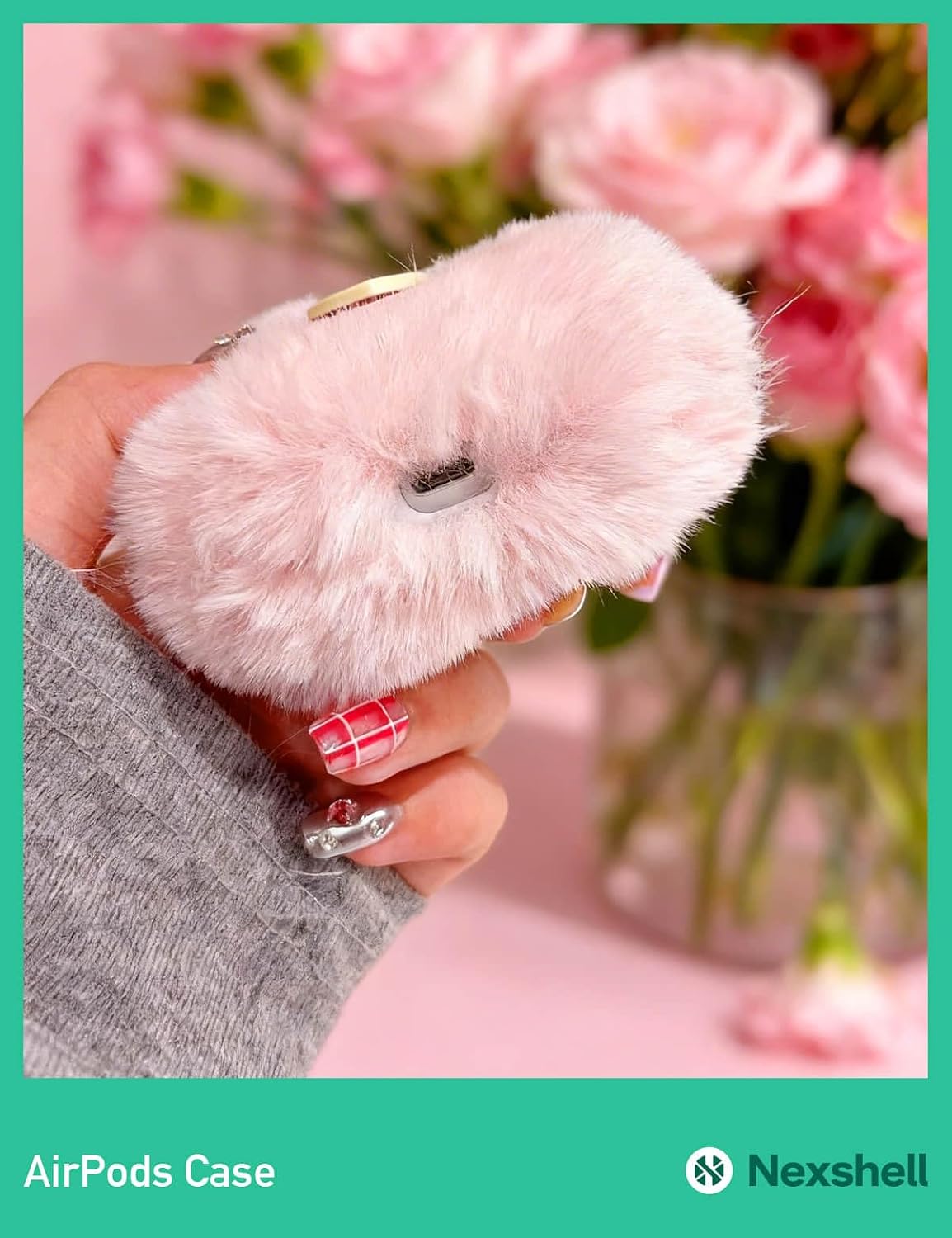 Pink Plush Case for AirPods 4th, Fluffy Kawaii Heart Cover