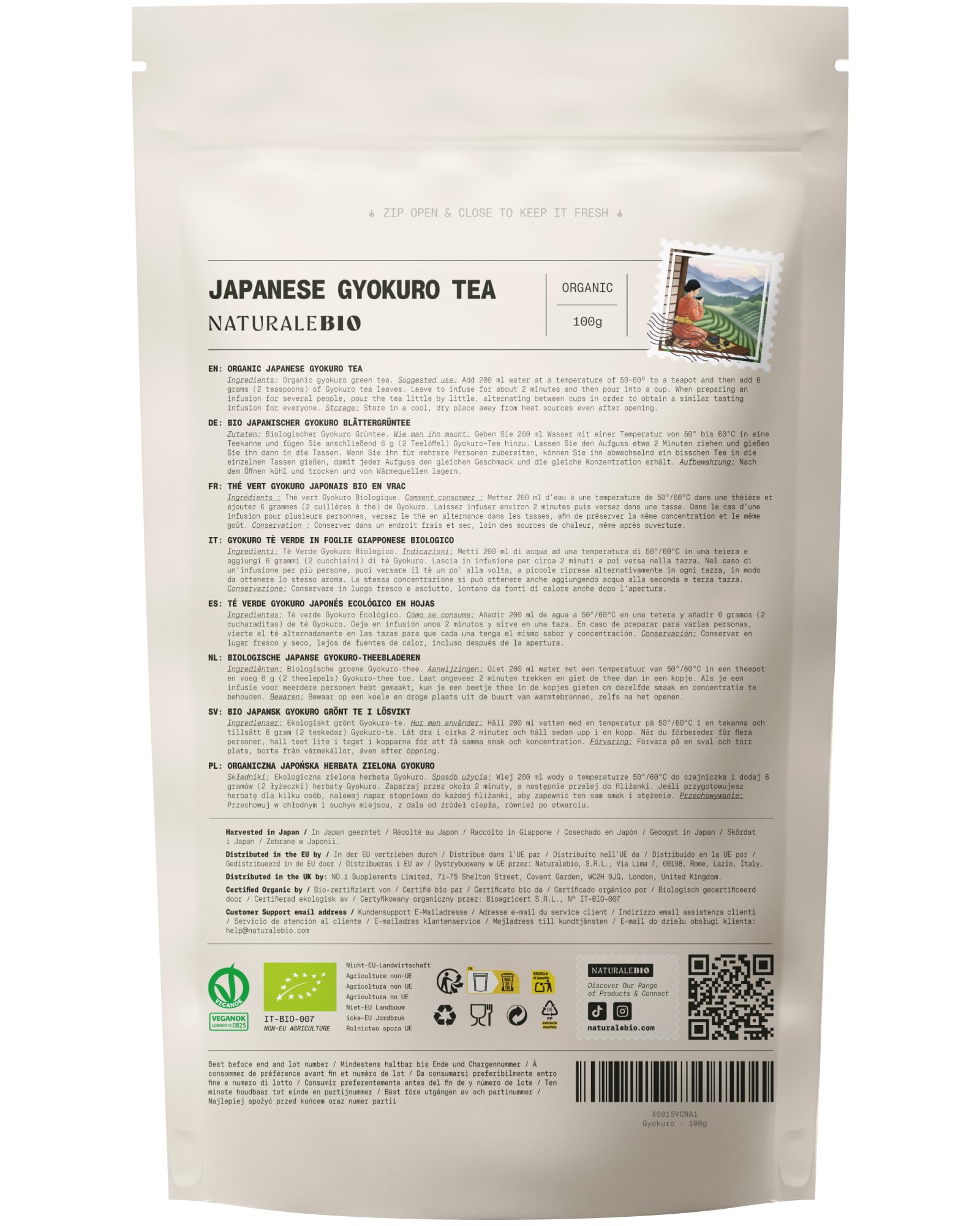 NaturaleBio Tè verde Gyokuro Giapponese Biologico da 100g. Bio, Naturale e Puro, Thè verde in foglie di primo raccolto coltivato in Giappone. Organic Japanese Gyokuro Green Tea.