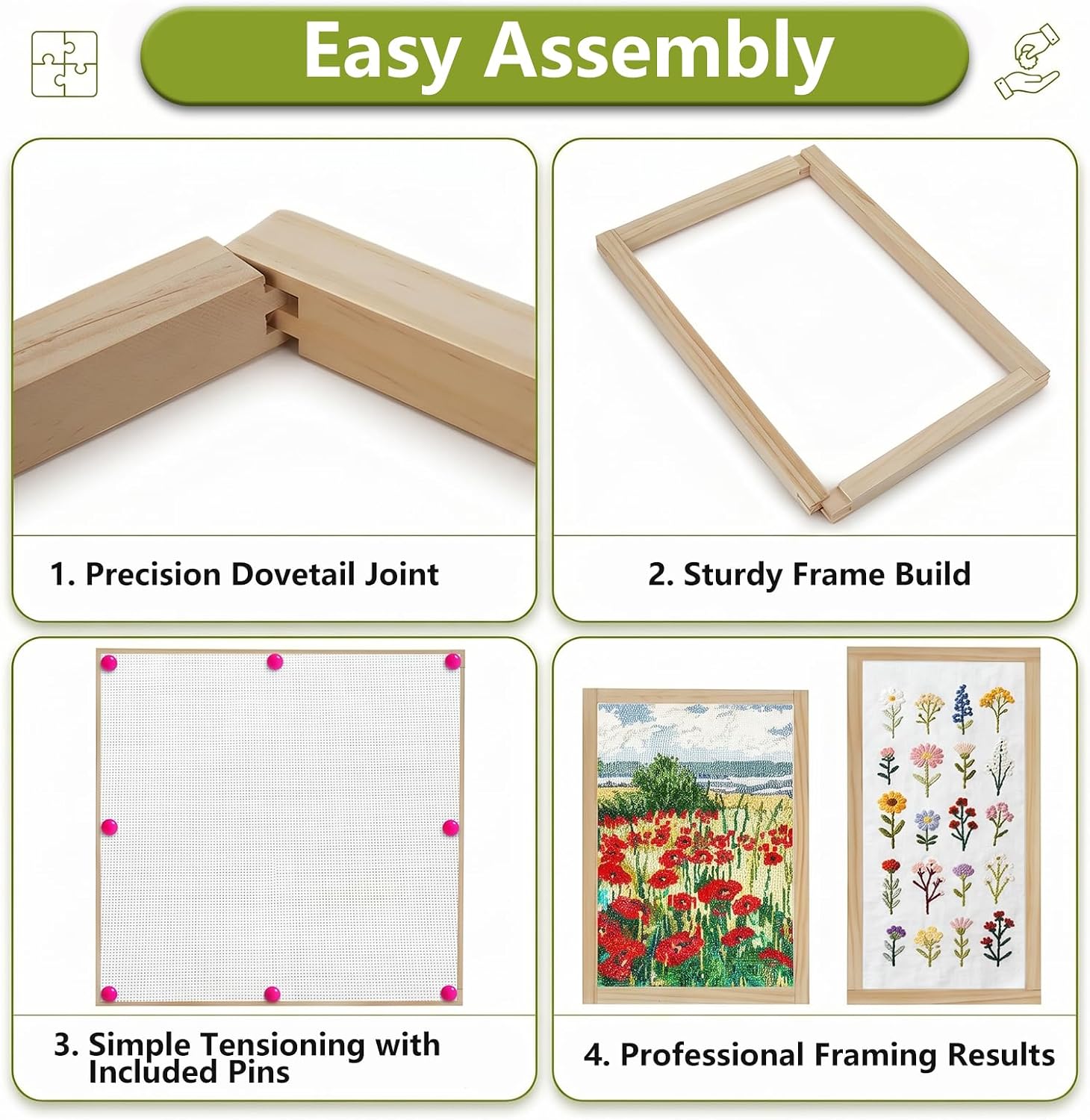 Hayder 24 Pcs Needlepoint Stretcher Bars Set, Wooden Canvas Stretcher Bars for Needlework, 6 Sizes, 40 Thumb Tacks, Tack Remover & Small Hammer, 4 Seamless Nails, 4 x Hanging Fixture