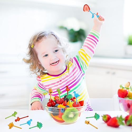 Miniatura 6 de 12 palillos de comida de animales para niños, lindos dinosaurios de dibujos animados de animales y frutas, accesorios reutilizables de almuerzo para