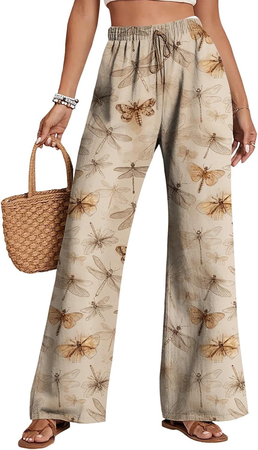 Womens Butterfly Print Pants Summer Casual Drawstring Waist Pants Floral Dragonfly Graphic Trousers Lightweight