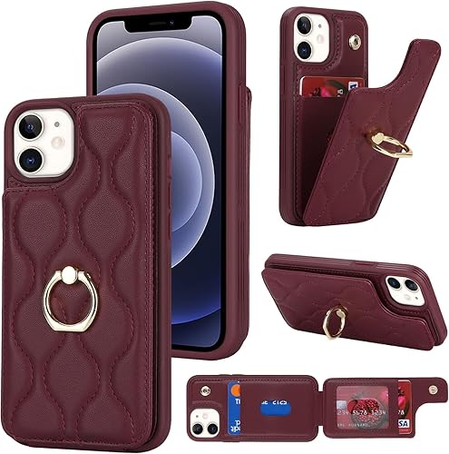 Funda para iPhone 12 Mini con tarjetero, tarjetero de crédito, soporte de anillo de soporte y bloqueo RFID, piel sintética a prueba de golpes, para