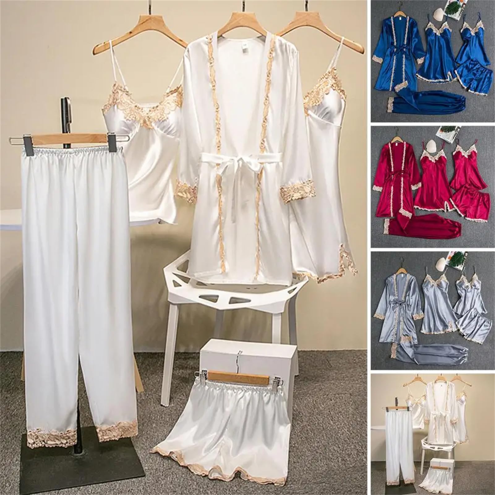 5-teiliges Damen-Pyjama-Set, Nachthemd, Oberteil, Shorts, Hose, seidiger Satin, Spitze, Schnürung, Taille, Nachtwäsche-Set