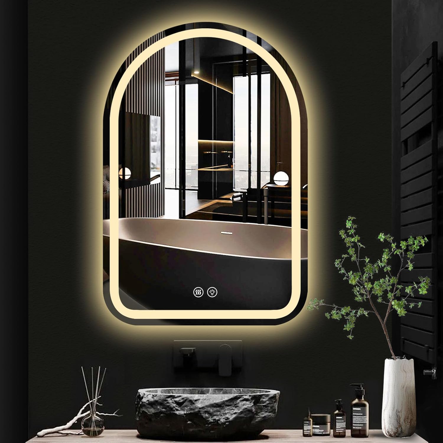 Arch Bathroom LED Mirror with Rounded Corners 24 x 36Inch Half-Moon Mirror Wall Mounted Arched Lighted Vanity Mirror Anti Fog Dimmable 3 Color Smart Bathroom