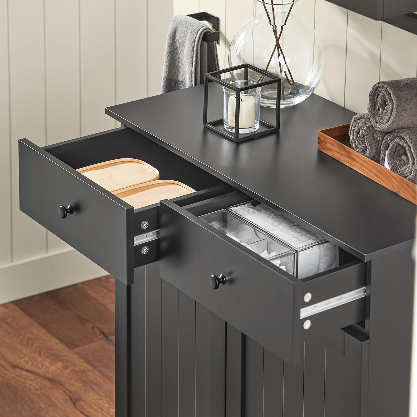 SoBuy Mobile bagno con portabiancheria - Mobiletto bagno salvaspazio con 2 cassetti e 2 sacchi estraibili - Mobile lavanderia per ingresso o cucina in MDF, Nero, 78x38x90cm, BZR33-II-SCH