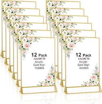 Pack of 12 Stands A5 Gold 13 x 18 cm Golden Double-Sided Picture Frame Acrylic Place Card Holder A5 T-Stand Table Stand Golden Table Stand for Presentation Wedding Restaurants