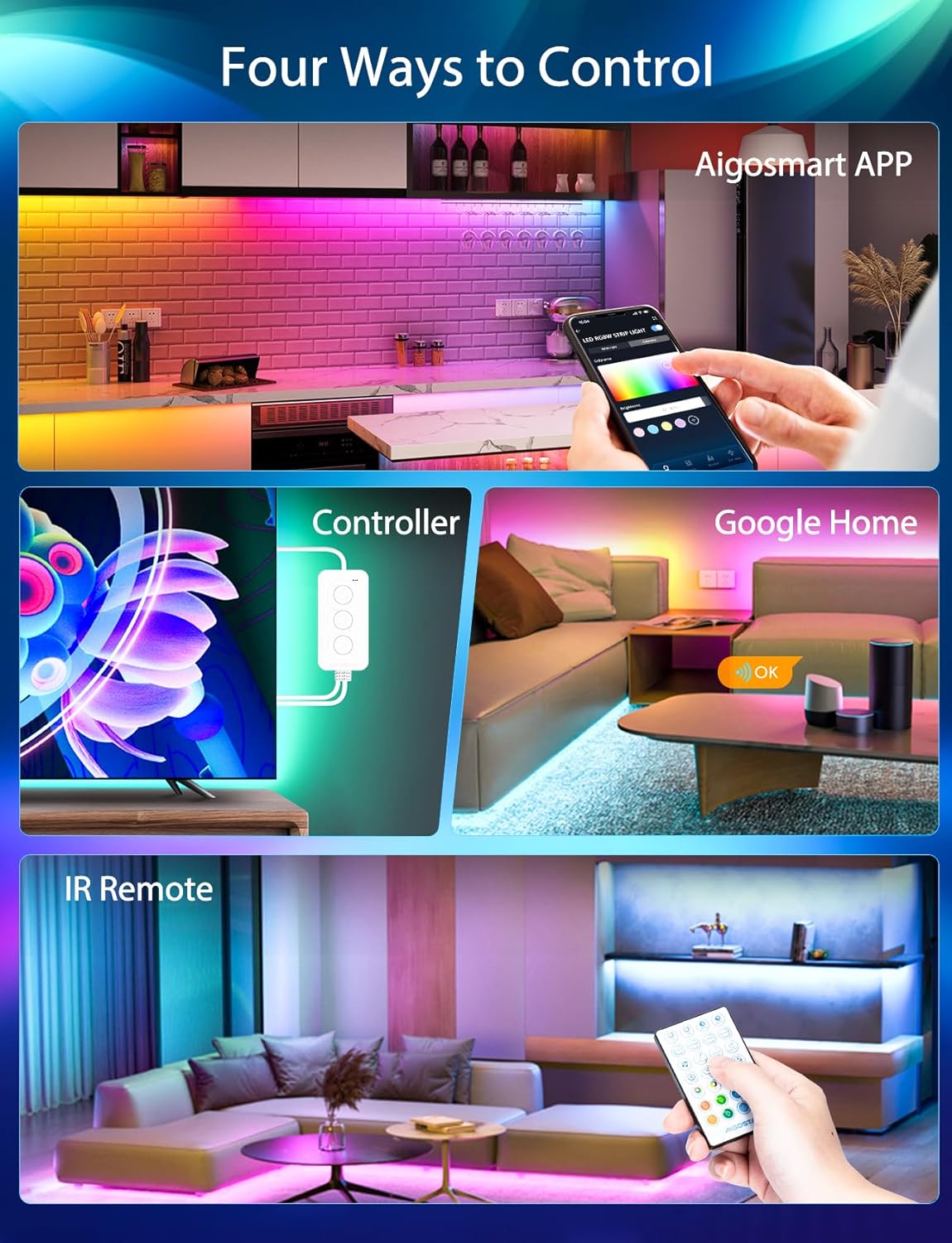 Image showing four ways to control the Aigostar Smart LED Strip Light: Aigosmart APP, Controller, Google Home, and IR Remote, with a kitchen setting.