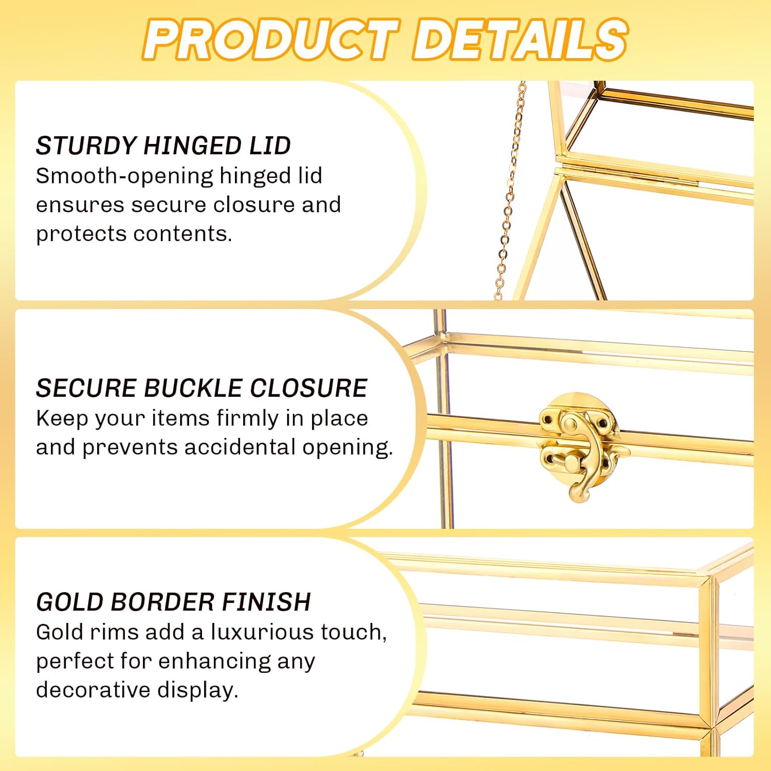 Vintage Gold Glass Jewelry Box 10 x 5.7 x 7.8 Inch | Clear Jewelry Keepsake Box, Large Golden Vintage Lidded Organizer Box with Lid, Gold Glass Photo Box Edge Bracelet Decorative Box