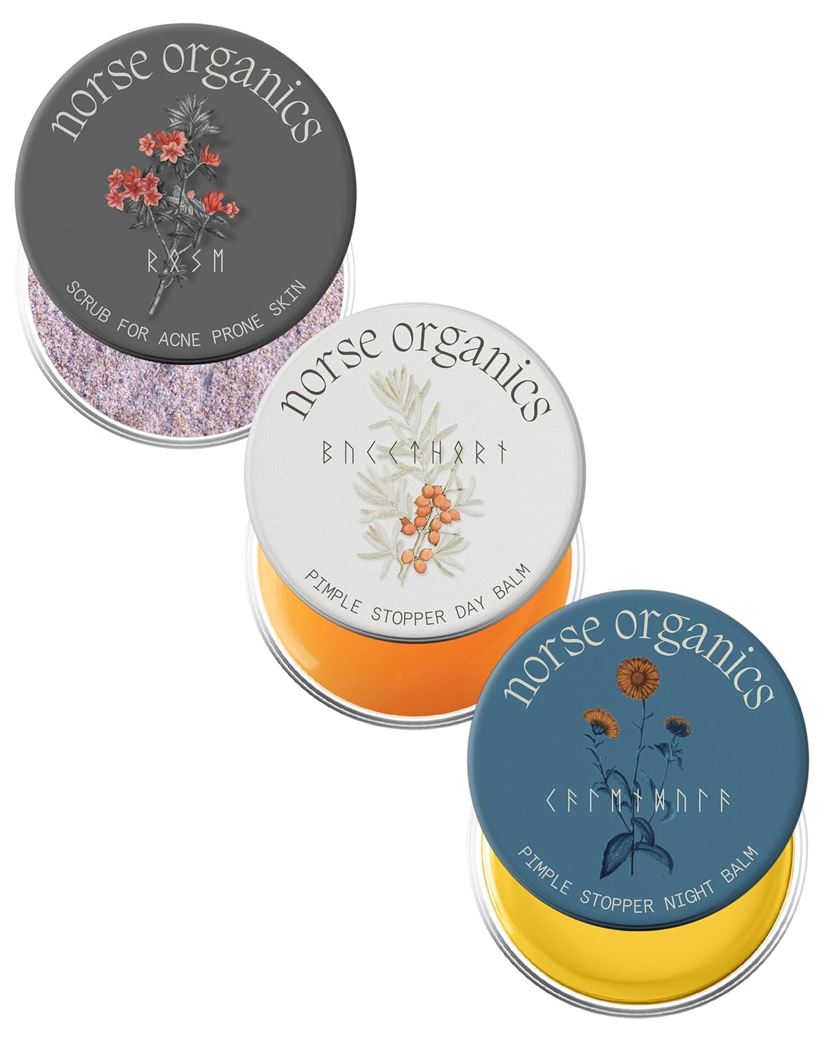 Norse Organics | The Complete System For Pimples | 3 Step System with Day Glow Balm, Acne Night Balm, Face Scrub | Natural Face Care with Arctic Herbs & Beeswax for Teens & Adults (3 pc kit)