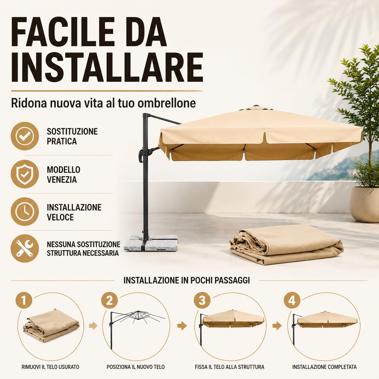 Mediawave Store - Telo di Ricambio Ombrellone Modello Venezia Braccio Decentrato Misura 3x3 mt Anti-UV Telo in Poliestere Ombreggiante