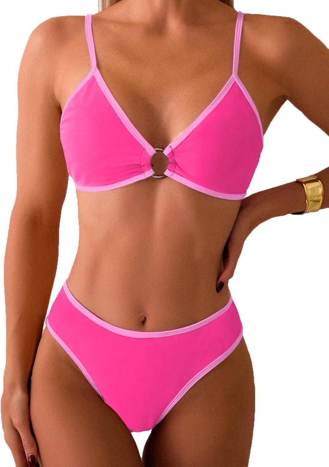 Fanuerg Women's Triangle Bikini Sets Circle Ring Linked Two Piece Swimsuit Color Block Cheeky Bathing Suits