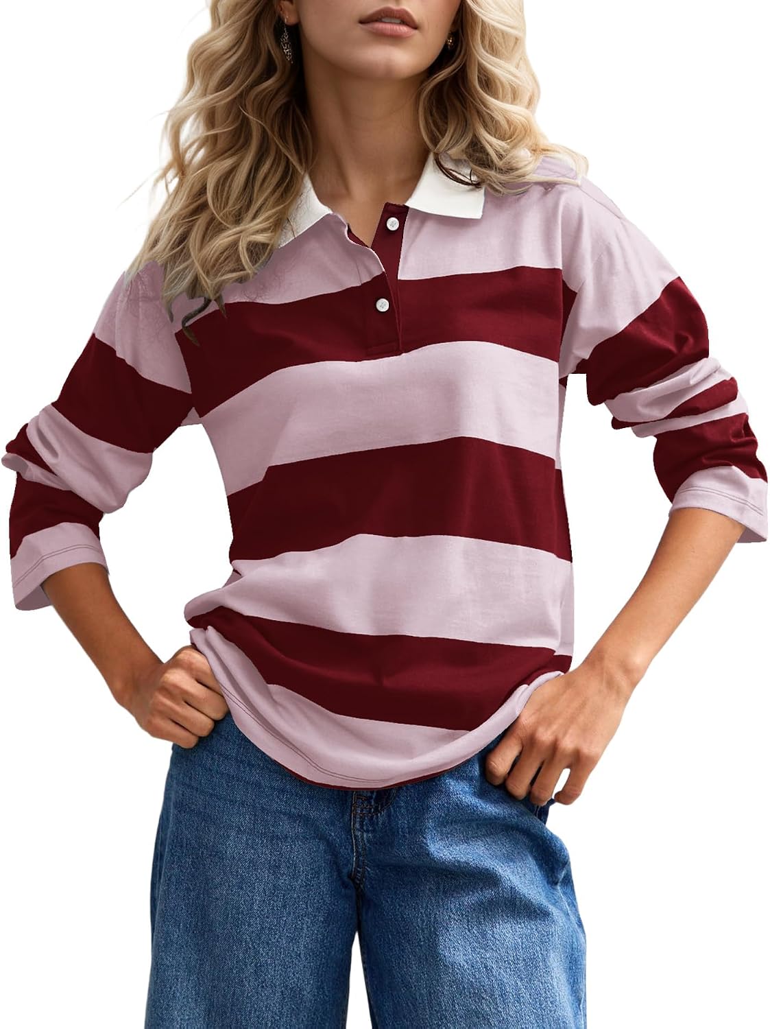 Eutten Women’s Striped Rugby Shirt Long Sleeve Color Block Polo Shirts Lapel Button Collar V Neck Casual Blouse Tops