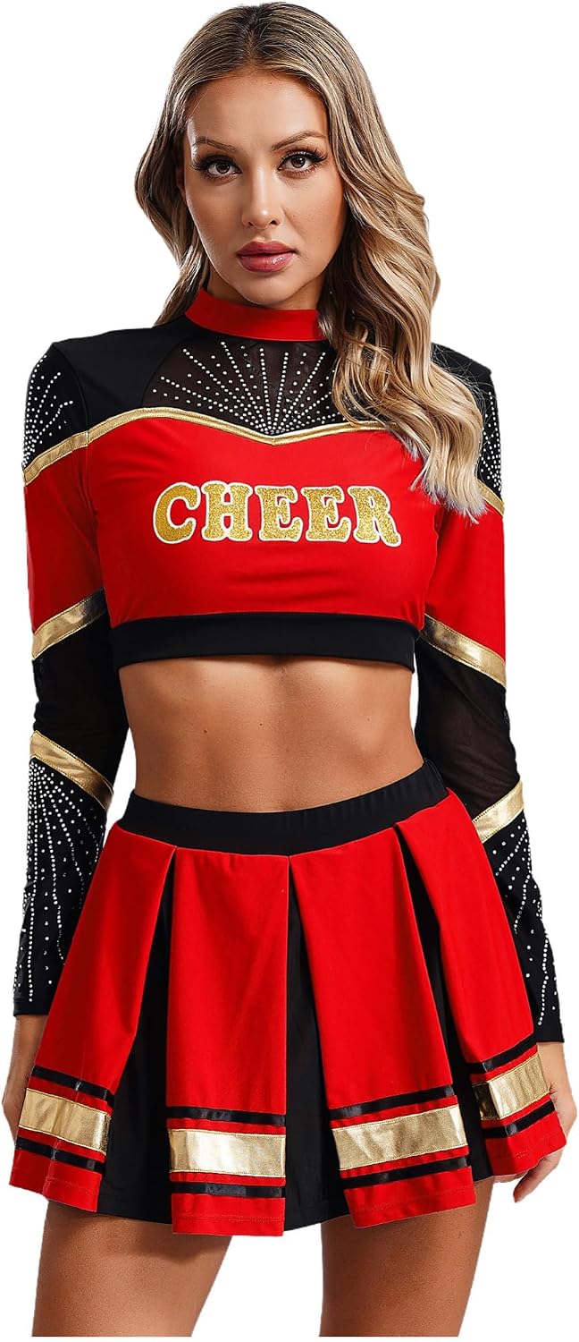 iEFiEL Women Cheer Leader Dance Outfit High School Cheerleading Uniform Long Sleeve Crop Top + Pleated Skirt Set