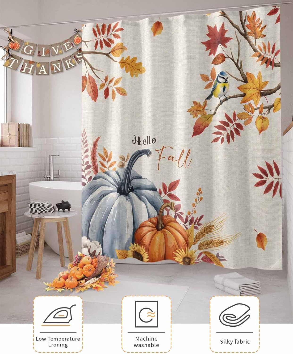 Hello Fall Shower Curtain 60x72 Inch, Vintage Blue Pumpkins with Maple Leaves Waterproof Bath Curtain with 12 Hooks, Thanksgiving Washable Polyester Wrinkle Free Shower Curtains for Bathroom Decor