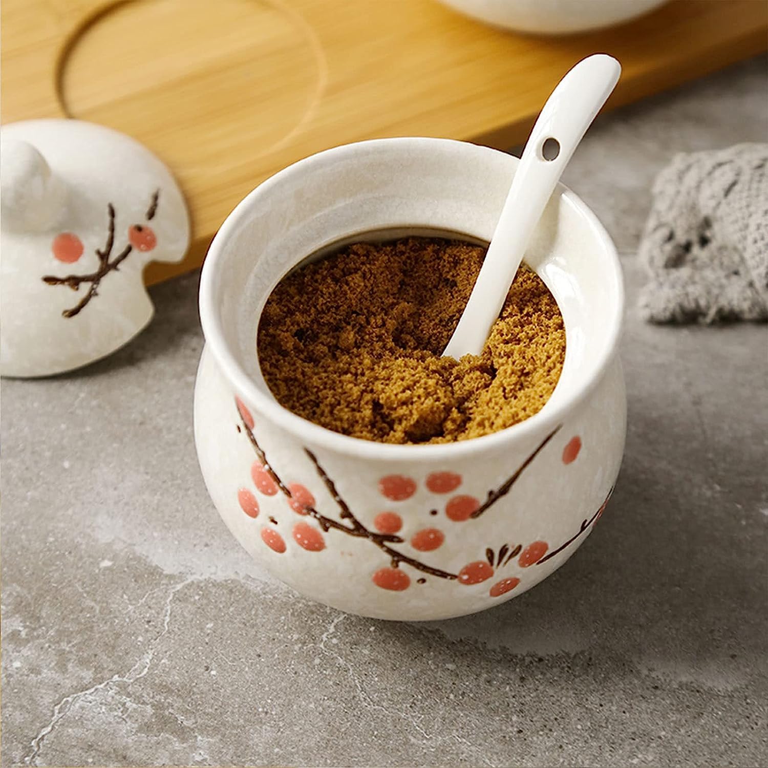 Boîtes alimentaires, sucrier, pots à épices, sucrier en fleur de prunier de style chinois avec couvercle et cuillère, pot à sucre, pot à épices, pot à sel, boîte d'assaisonnement, rose, ensemble de 3