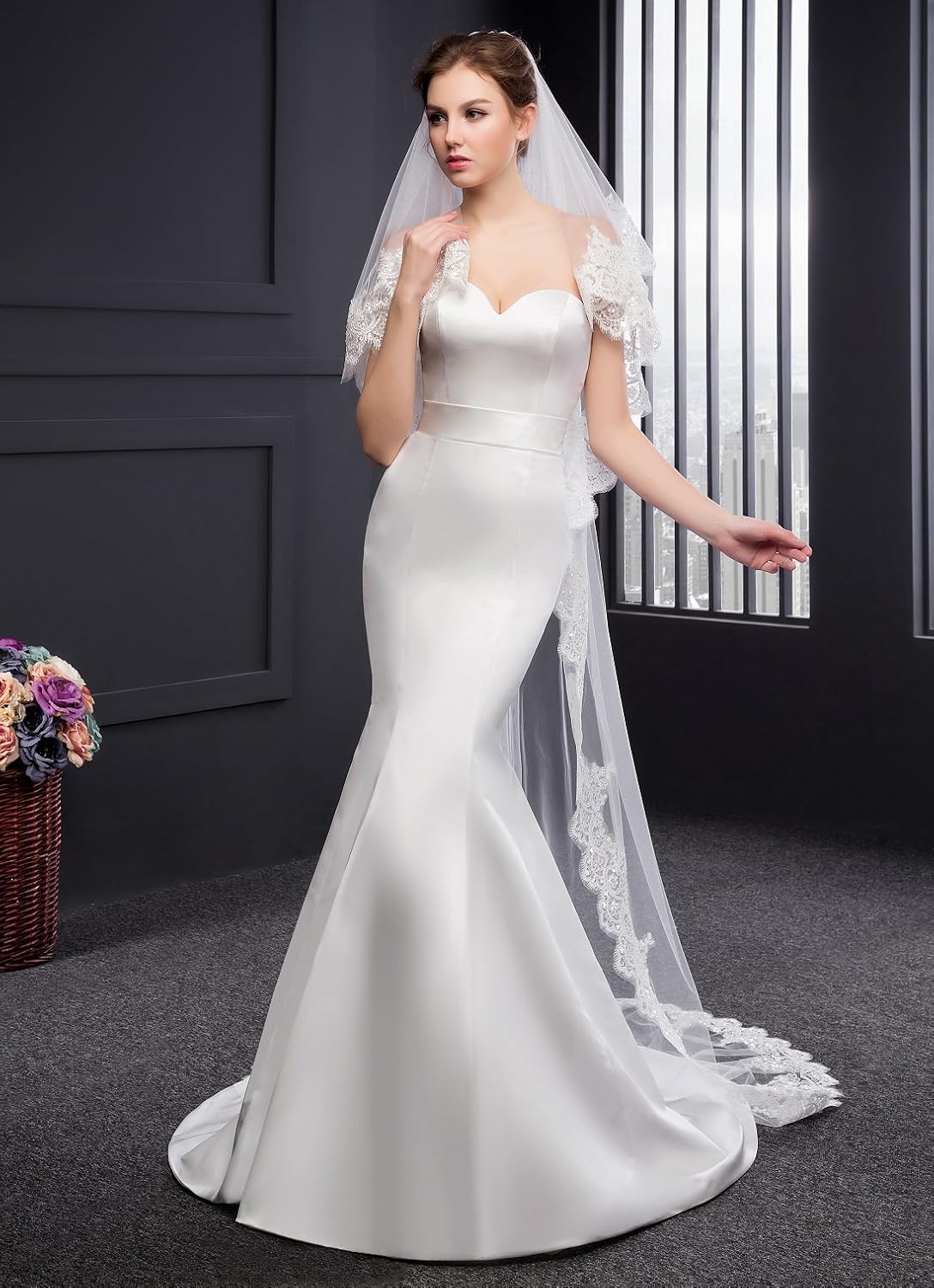 EllieHouse Chapel Length 2 Tier Sequin Lace Wedding Bridal Veil For Bride E74