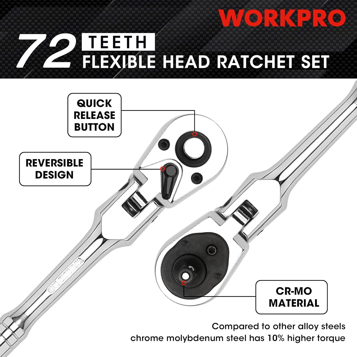 WORKPRO 2-Piece Flex Head Ratchet Set, 1/4", 3/8" Drive, 72-Tooth Ratchet with Chromium Plating Quick Release Reversible Design, 5 Degree Swing