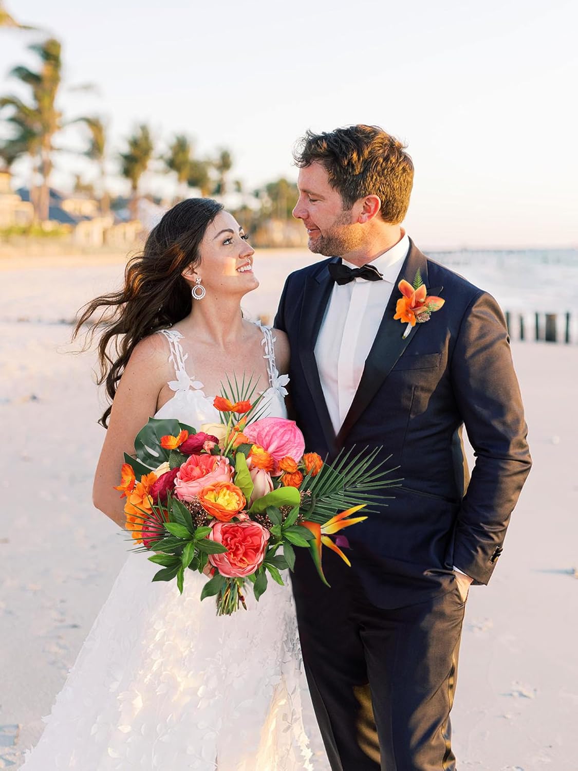 Rinlong 14.5" Tropical Wedding Bouquets for Bride, Orange & Hot Pink Silk Flowers for Beach Ceremony, Ready to Use Premade Lifelike Floral for Summer Destination Wedding